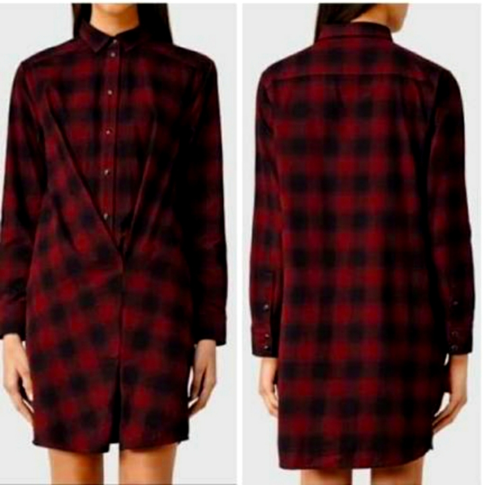 All Saints burgundy red and black buffalo plaid button front tunic dress NWOT